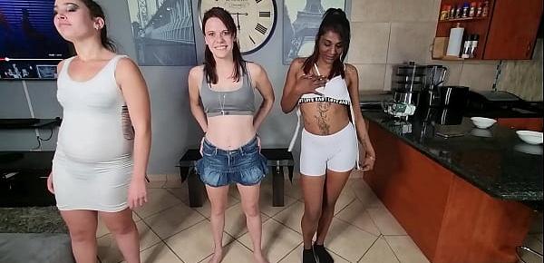  3 naked small titted pisswhores gets their faces soaked in piss | blowjob | strip teasing | pov